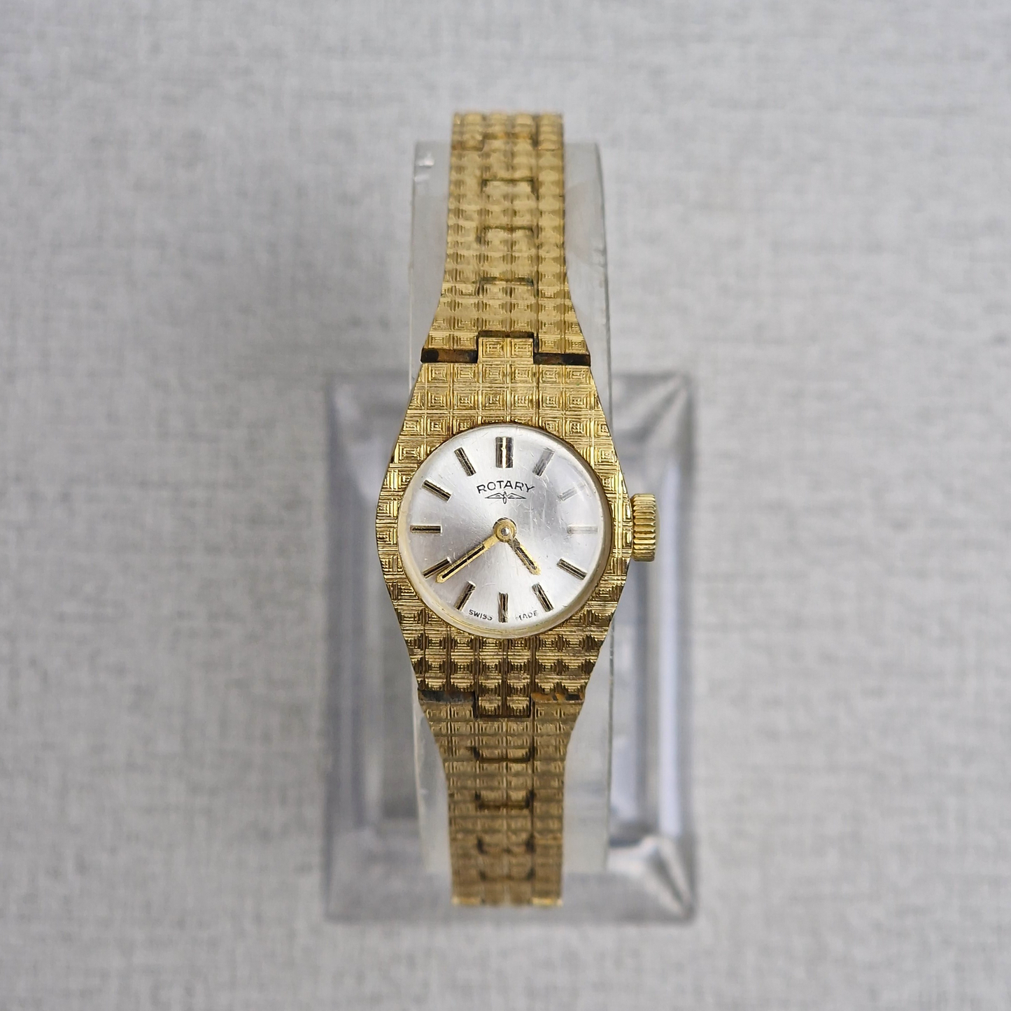 Vintage ladies gold-plated Rotary watch with integrated bracelet and pearl dial.