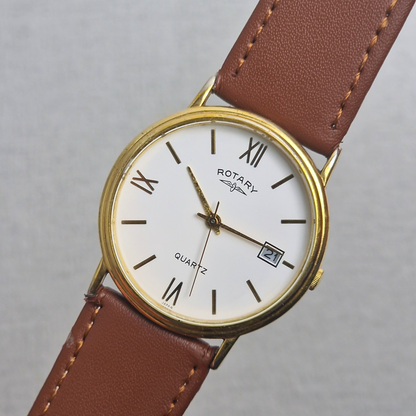 Diagonal View - Rotary Vintage Men's Watch – 34mm stainless steel Case, white Dial, stainless steel – quartz