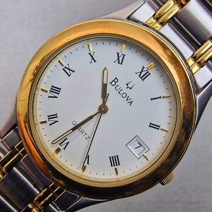 Dial View - Vintage Two Tone Bulova Men's – 38mm gold plated case, white dial, stainless steel – quartz