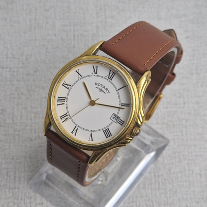 Right Side View - Rotary Vintage Men's Watch – 36mm gold plated Case, white Dial, stainless steel – quartz