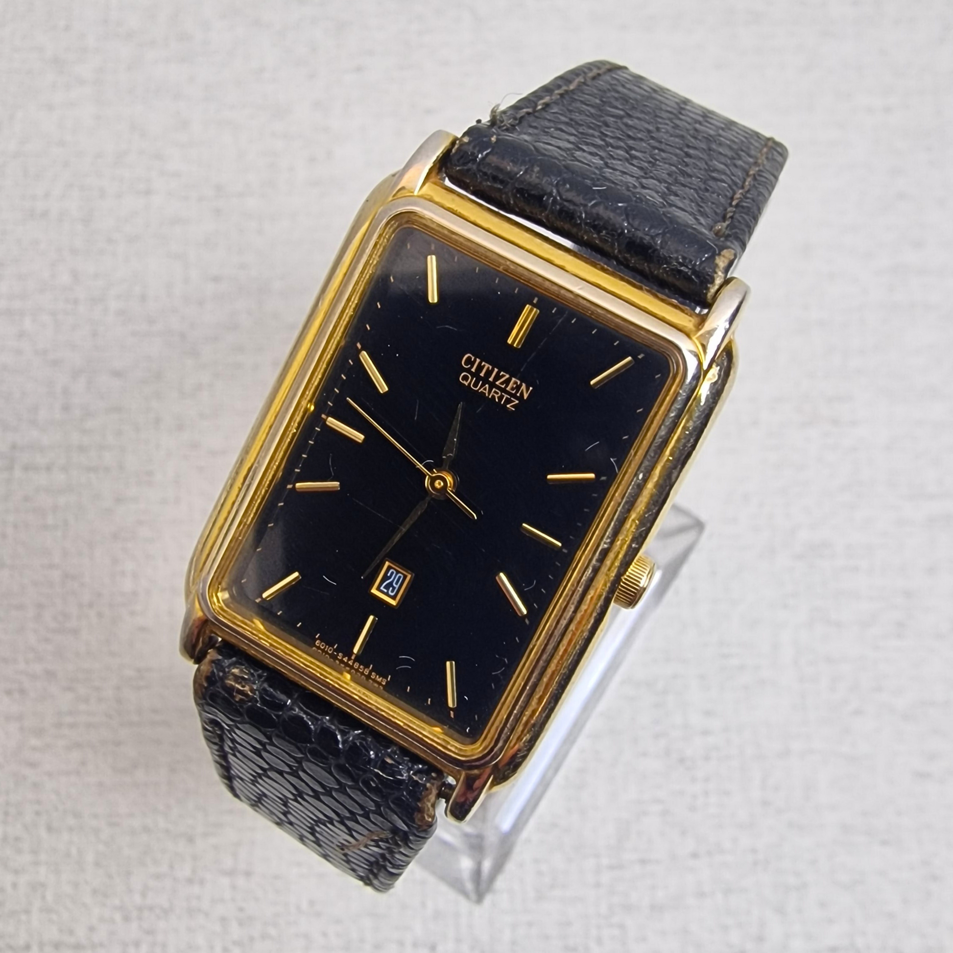 Left View - Vintage Citizen Tank Men's – 26mm gold plated case, black dial, stainless steel – quartz