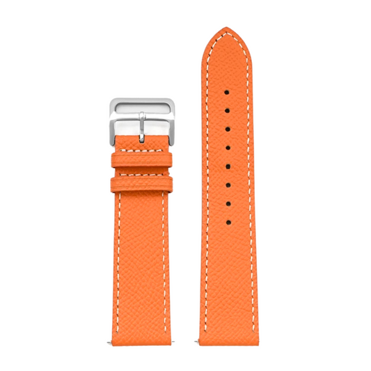 Cartier Style watch strap in Sunset Orange, made from premium full-grain leather with white stitching and a stainless steel buckle.