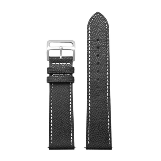 Cartier Style watch strap in matte black full-grain leather, featuring white stitching and a stainless steel buckle.