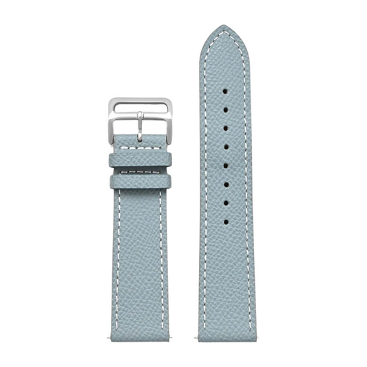 Cartier Style watch strap in light grey full-grain leather with white stitching and a polished stainless steel buckle.