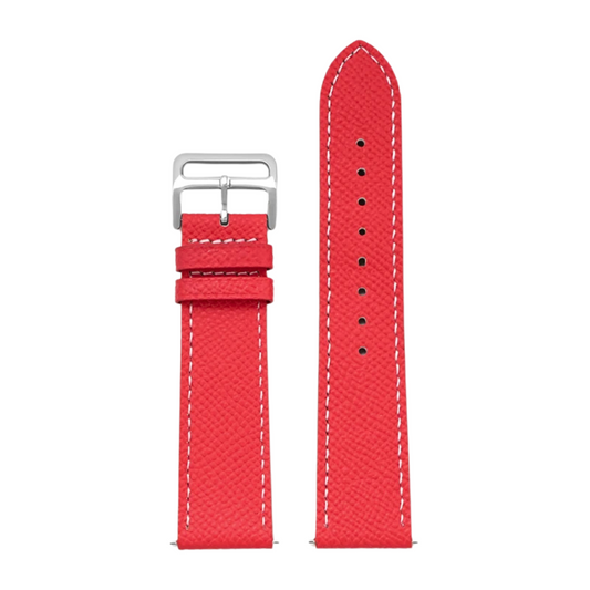 Cartier Style watch strap in crimson red full-grain leather with white stitching and a polished stainless steel buckle.