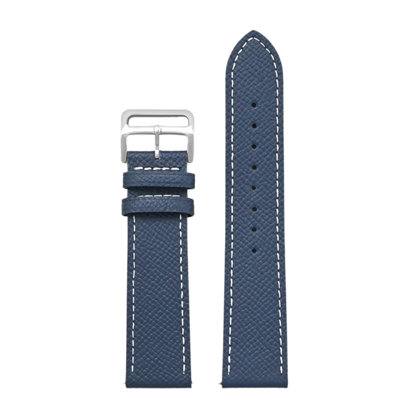 Cartier Style watch strap in royal blue full-grain leather, featuring white stitching and a stainless steel buckle.