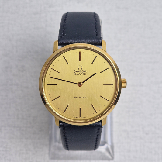 Vintage Omega De Ville men’s watch with gold-plated case and quick-set hour quartz movement, Ref. 191.0044.