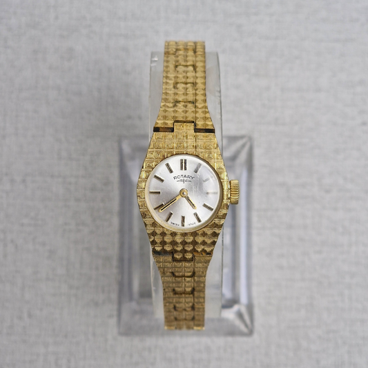 Vintage ladies gold-plated Rotary watch with integrated bracelet and pearl dial.