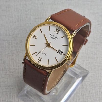 Side View - Rotary Vintage Men's Watch – 34mm stainless steel Case, white Dial, stainless steel – quartz