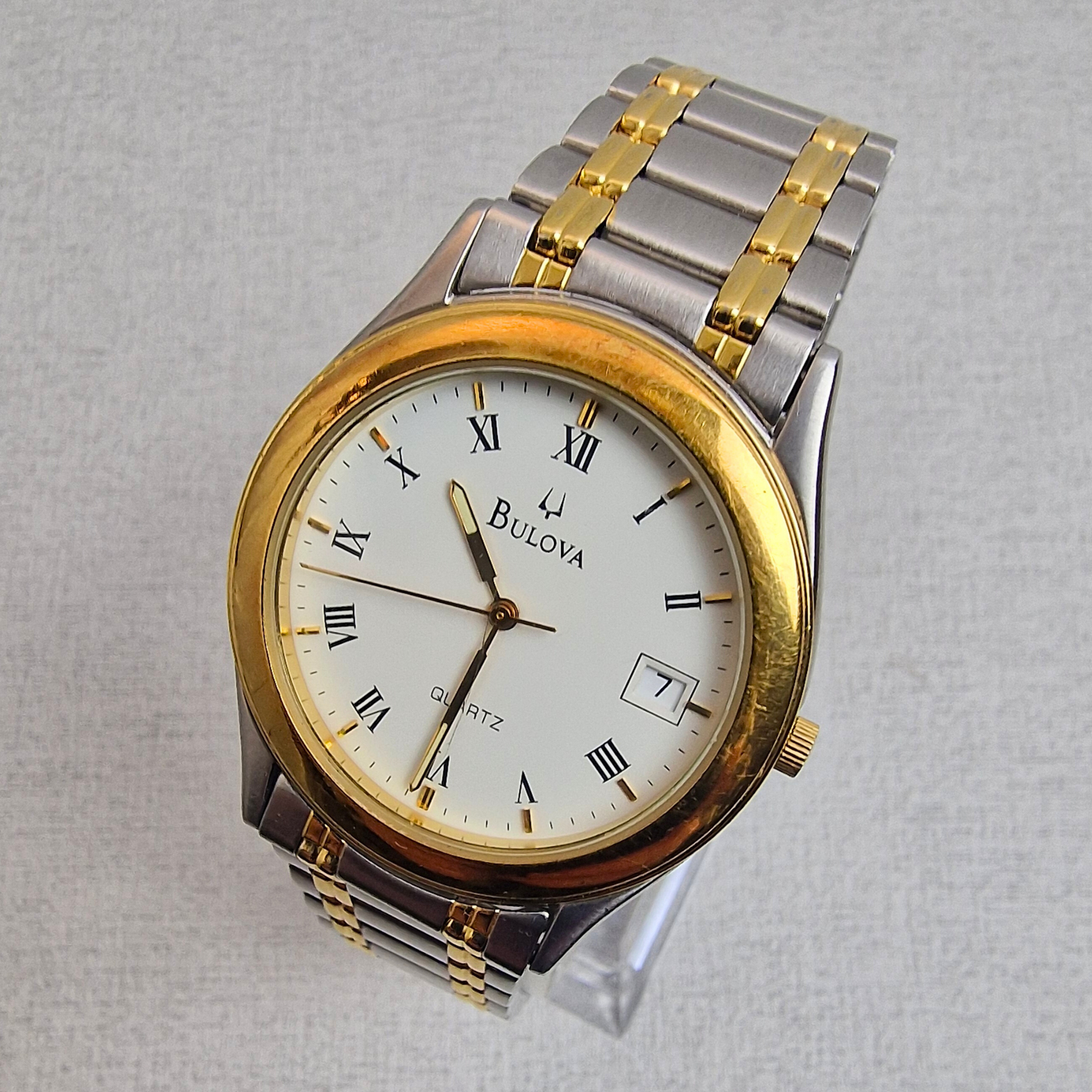 Right Side View - Vintage Two Tone Bulova Men's – 38mm gold plated case, white dial, stainless steel – quartz