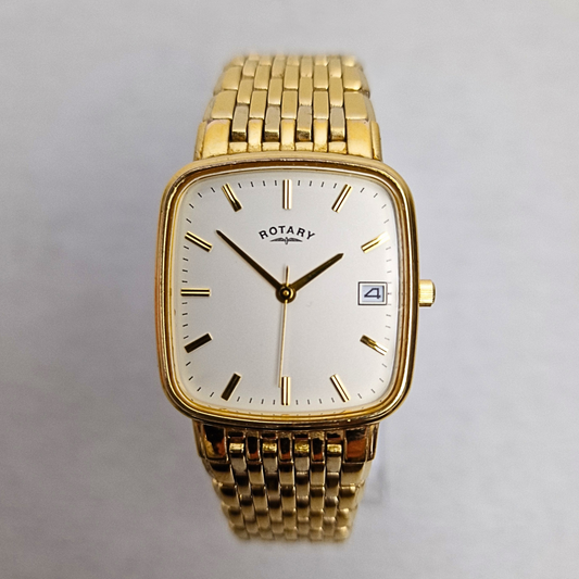 Men's vintage gold-plated Rotary tank watch with white dial, date window, and original gold bracelet.


