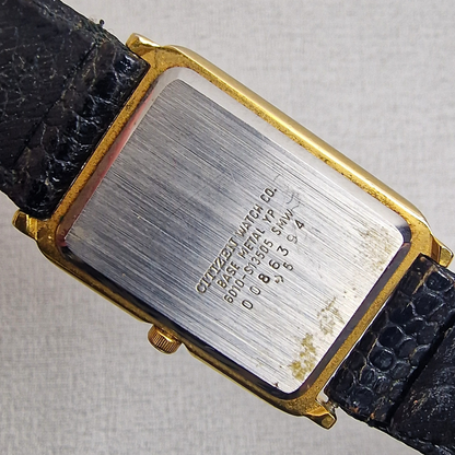 Case Back - Vintage Citizen Tank Men's – 26mm gold plated case, black dial, stainless steel – quartz