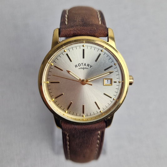 Sunburst Dial - Vintage Rotary Men's – 36mm gold plated case, sunburst silver dial, stainless steel – quartz