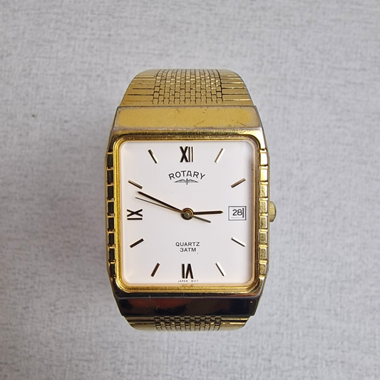 Front View - Vintage Rotary Tank Men's – 28mm gold plated case, white dial, stainless steel – quartz