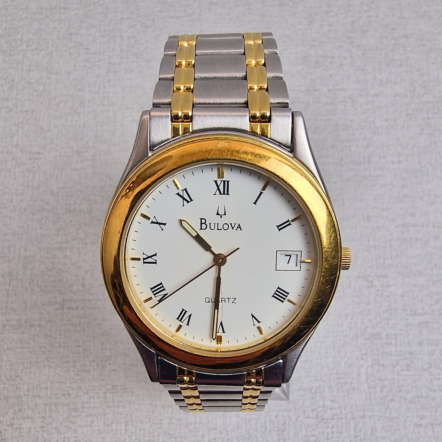 Front View - Vintage Two Tone Bulova Men's – 38mm gold plated case, white dial, stainless steel – quartz