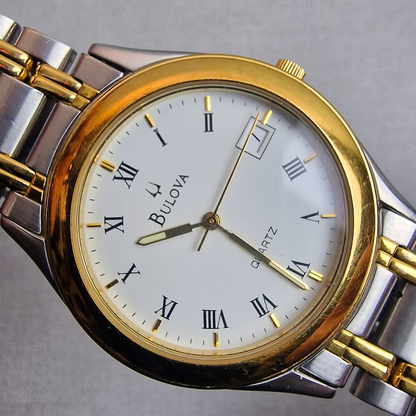 White Dial - Vintage Two Tone Bulova Men's – 38mm gold plated case, white dial, stainless steel – quartz